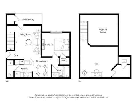 Floor plan for 1 bed, 1 bath, 934 sqft